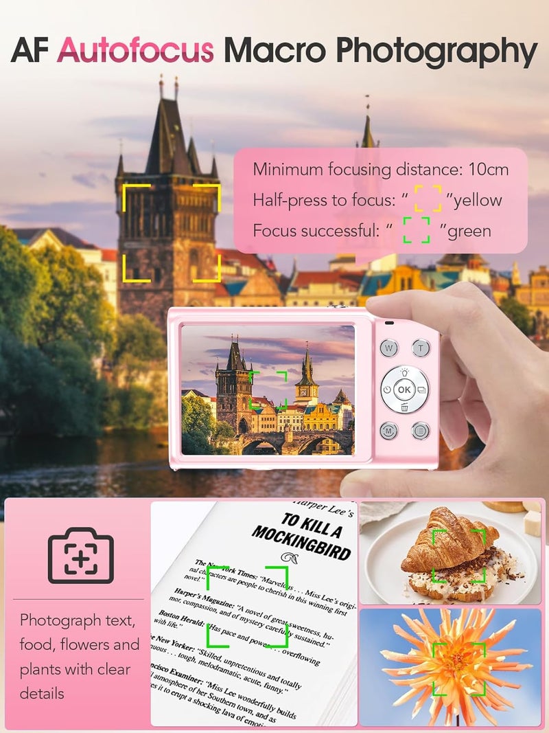 Lecnippy Digital Camera,Autofocus 4K Vlogging Camera for Photography with 32GB Card,48MP Portable Compact Point and Shoot Digital Camera for Teens Adult Beginner with 16X Zoom,Anti-Shake,2 Batteries(Pink) - Image 5